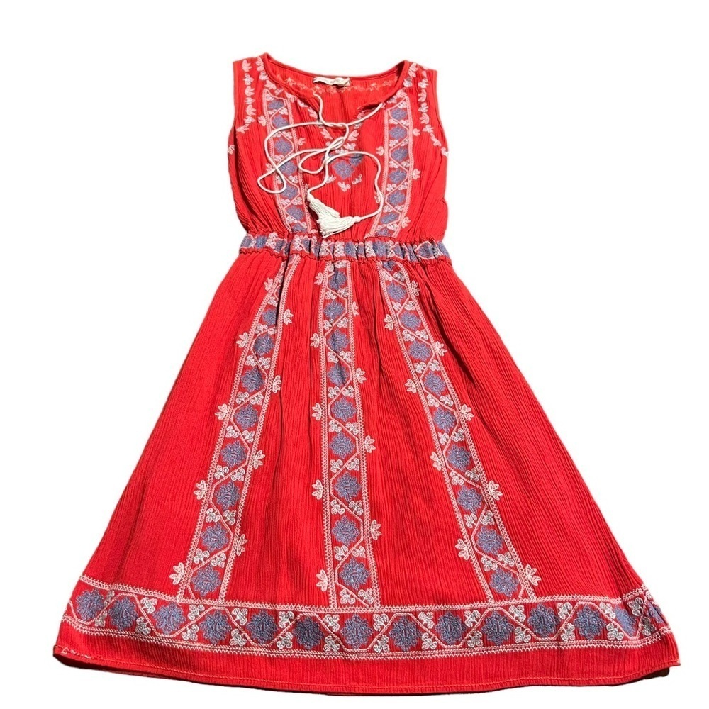 Chelsea & Violet Women’s Red Embroidered Boho Sleeveless Dress Tassels Size XS